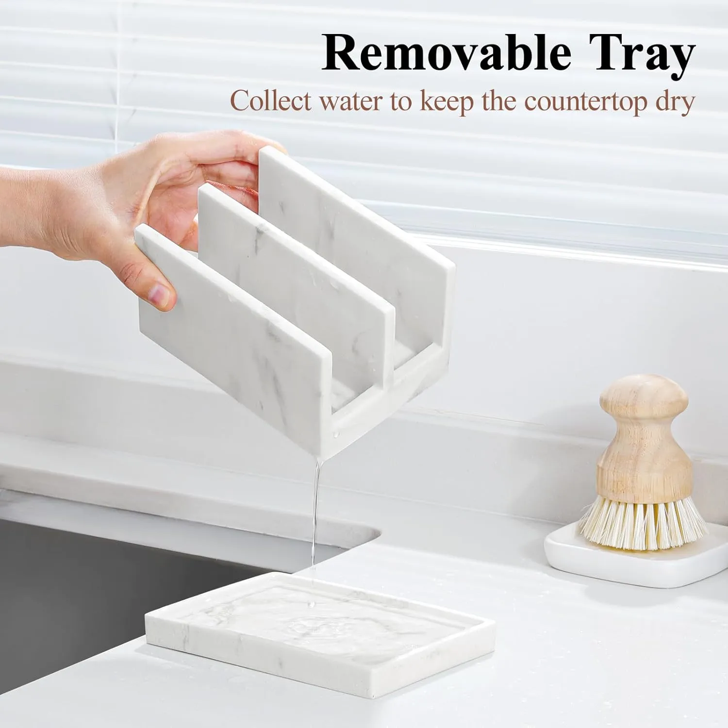 Luxspire Kitchen Sponge Holder, Dish Sponge Holder with with Drain Tray, Marble Sponge Holder for Kitchen Sink, Kitchen Sink Caddy 2 Compartments, Gravel White