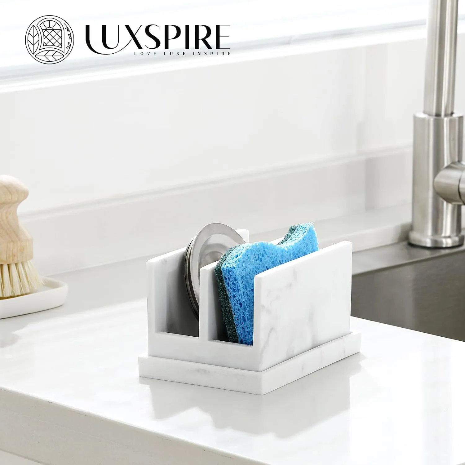Luxspire Kitchen Sponge Holder, Dish Sponge Holder with with Drain Tray, Marble Sponge Holder for Kitchen Sink, Kitchen Sink Caddy 2 Compartments, Gravel White