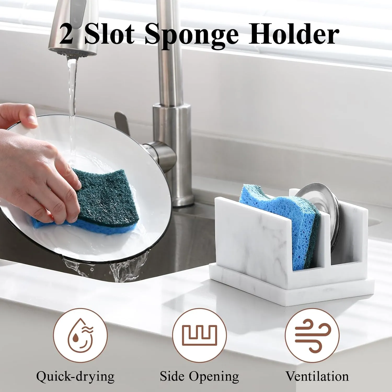 Luxspire Kitchen Sponge Holder, Dish Sponge Holder with with Drain Tray, Marble Sponge Holder for Kitchen Sink, Kitchen Sink Caddy 2 Compartments, Gravel White
