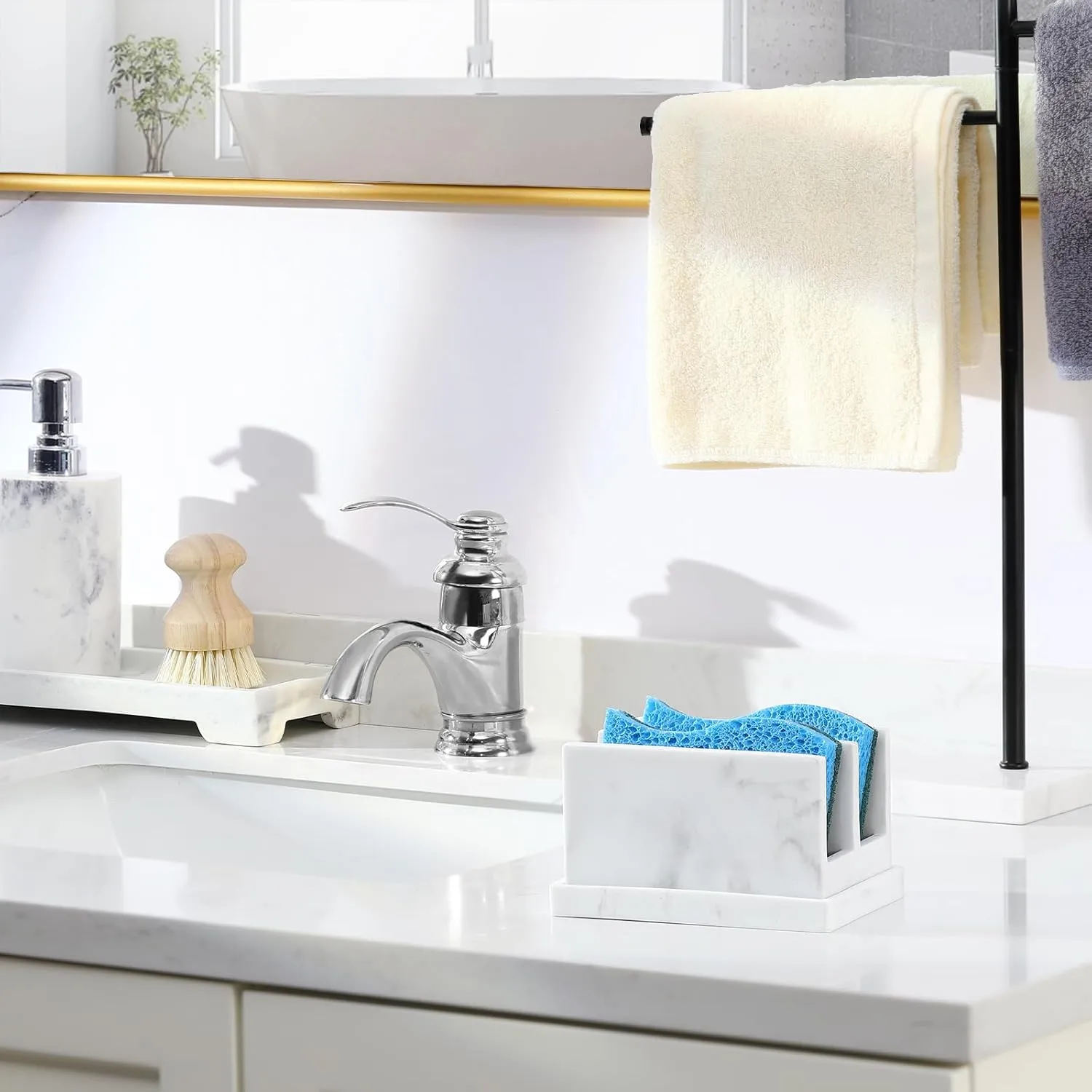 Luxspire Kitchen Sponge Holder, Dish Sponge Holder with with Drain Tray, Marble Sponge Holder for Kitchen Sink, Kitchen Sink Caddy 2 Compartments, Gravel White