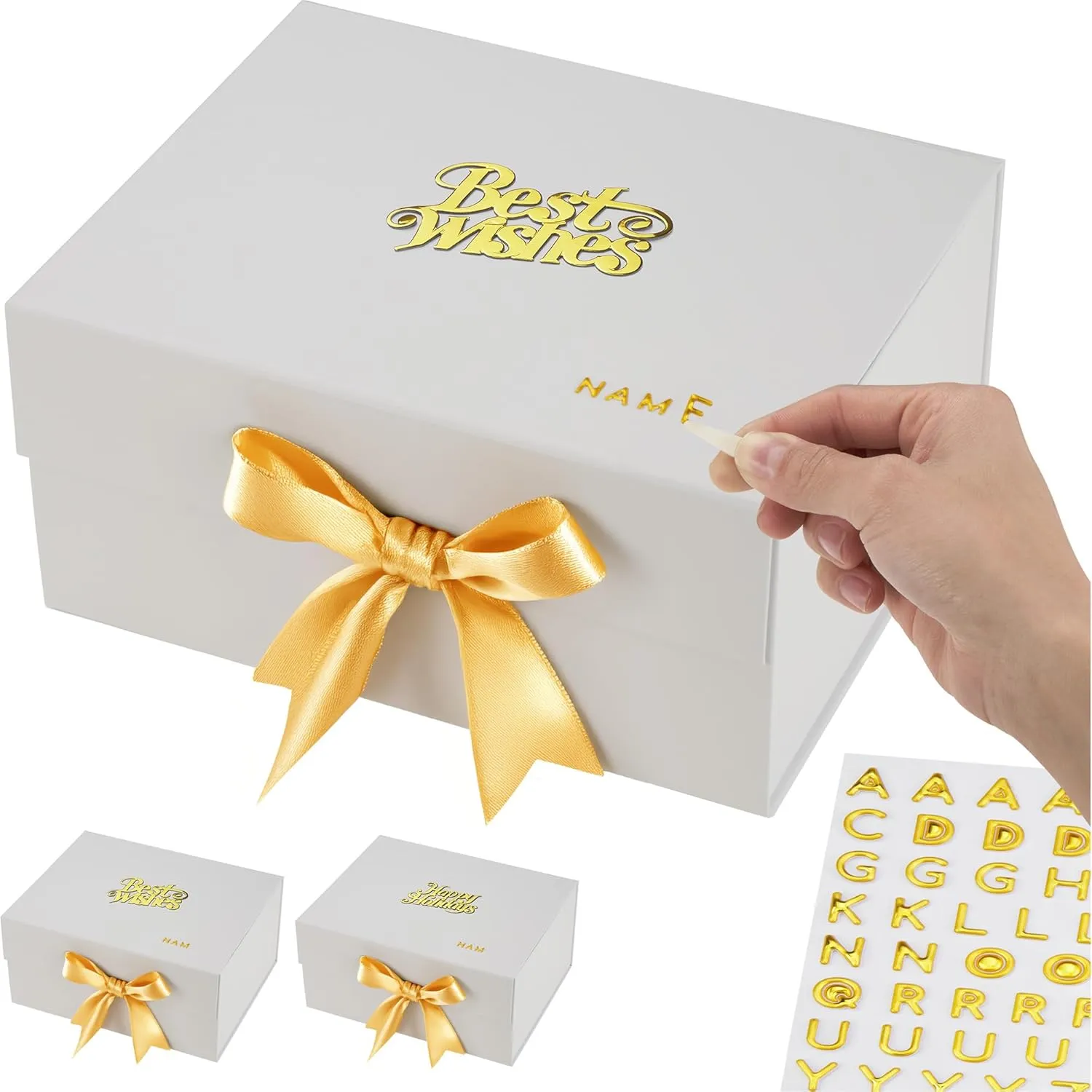 Luxury White Personalized Gift Boxes Large (12x9x6") - 3 Pack Set with Instant DIY Lettering Kits, Magnetic Lids & Ribbons