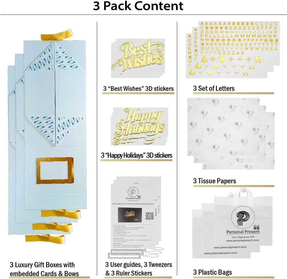 Luxury White Personalized Gift Boxes Large (12x9x6") - 3 Pack Set with Instant DIY Lettering Kits, Magnetic Lids & Ribbons