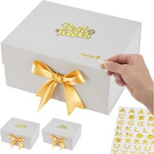 Luxury White Personalized Gift Boxes Large (12x9x6") - 3 Pack Set with Instant DIY Lettering Kits, Magnetic Lids & Ribbons