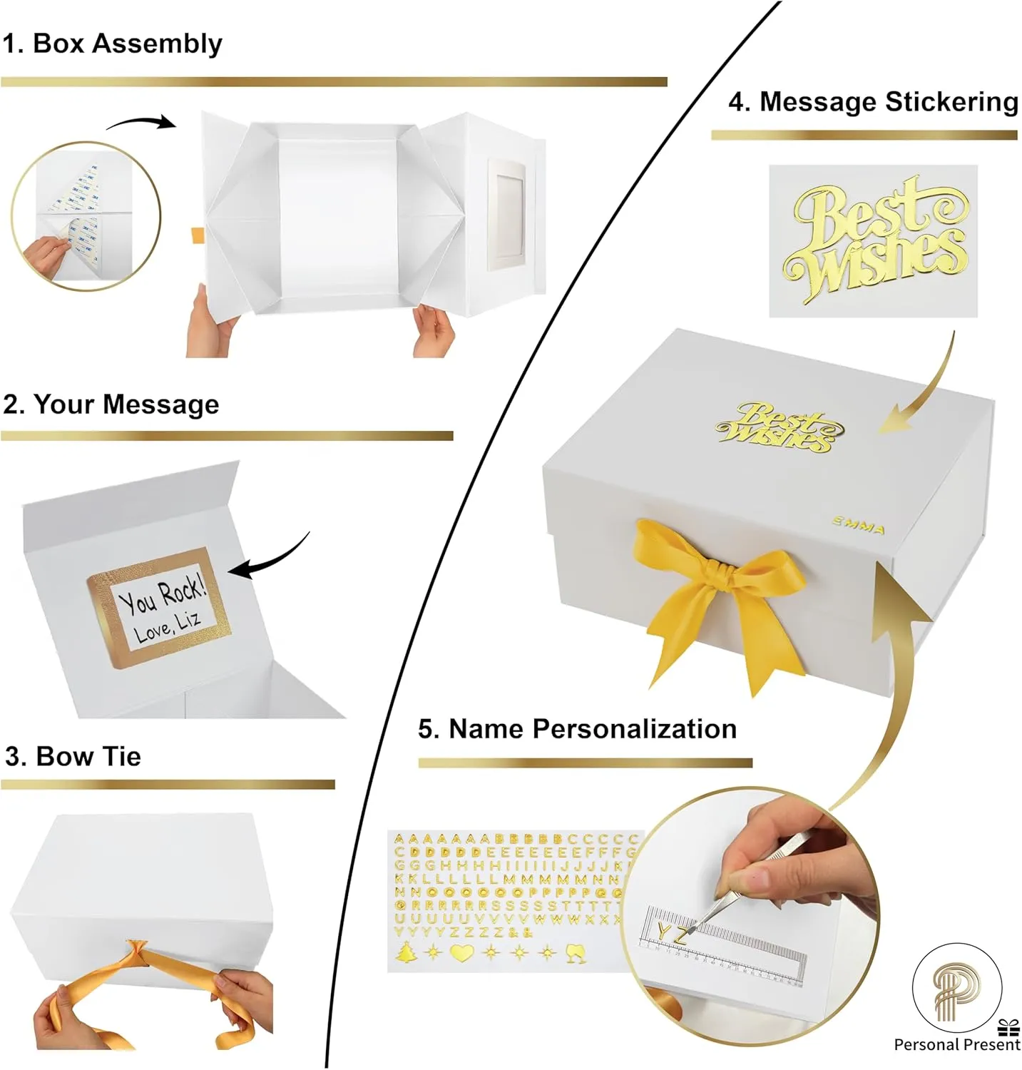 Luxury White Personalized Gift Boxes Large (12x9x6") - 3 Pack Set with Instant DIY Lettering Kits, Magnetic Lids & Ribbons