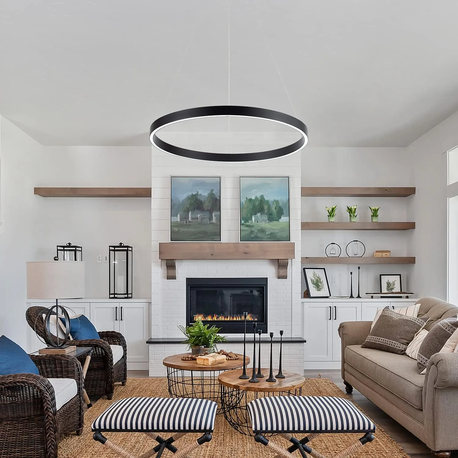 MADEM Room Decor Modern LED Pendant Light 1-Ring Circular Contemporary Chandelier 23.6'' Flush Mount Pendant Lighting for Living Dining Room Bedroom, 6000K Cool White, Black