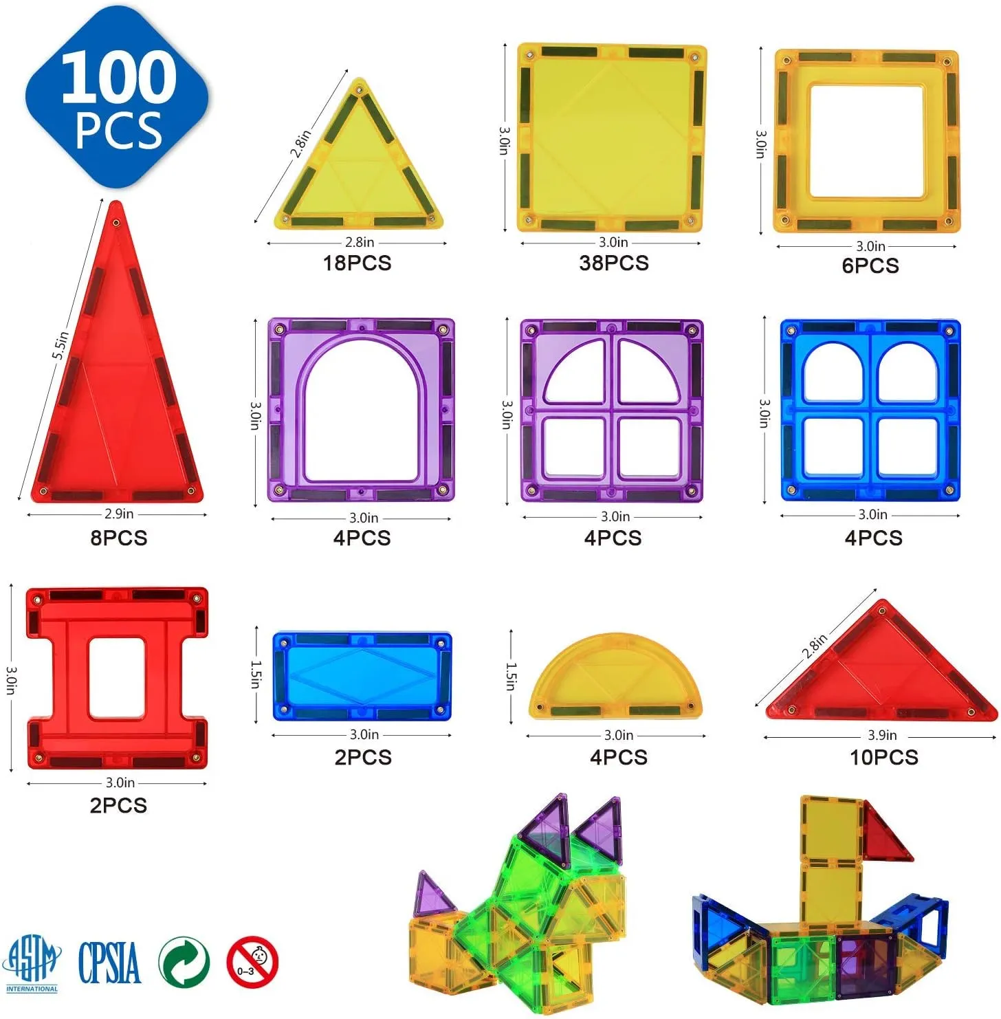 MAGBLOCK Magnet Toys Kids Magnetic Building Tiles 100 Pcs 3D Magnetic Blocks Preschool Building Sets Educational Toys for Toddlers Boys and Girls.