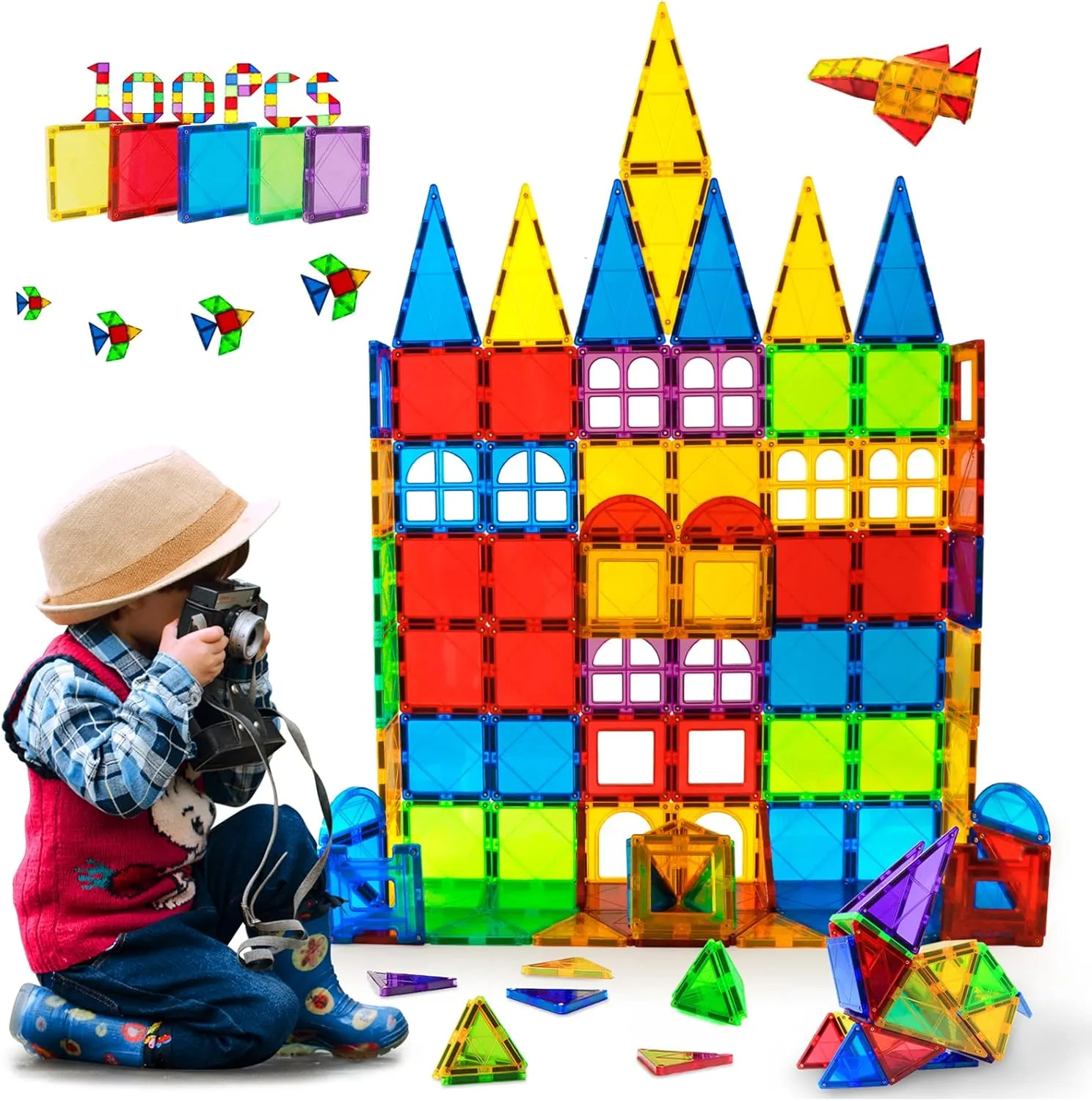 MAGBLOCK Magnet Toys Kids Magnetic Building Tiles 100 Pcs 3D Magnetic Blocks Preschool Building Sets Educational Toys for Toddlers Boys and Girls.