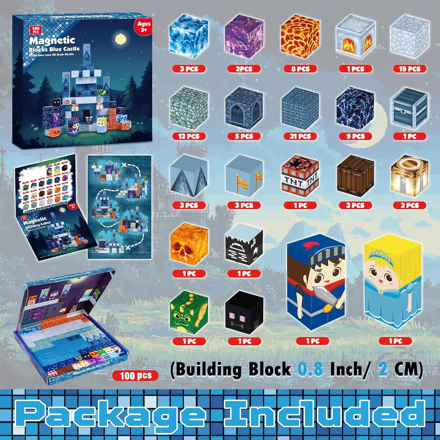 Magnetic Blocks - 100 PCS Build Blue Castle Christmas - Magnetic Toys for Montessori Toddler Christmas Birthday Gifts - STEM Sensory Toys for 3 4 9 10 Year Old Boys & Girls