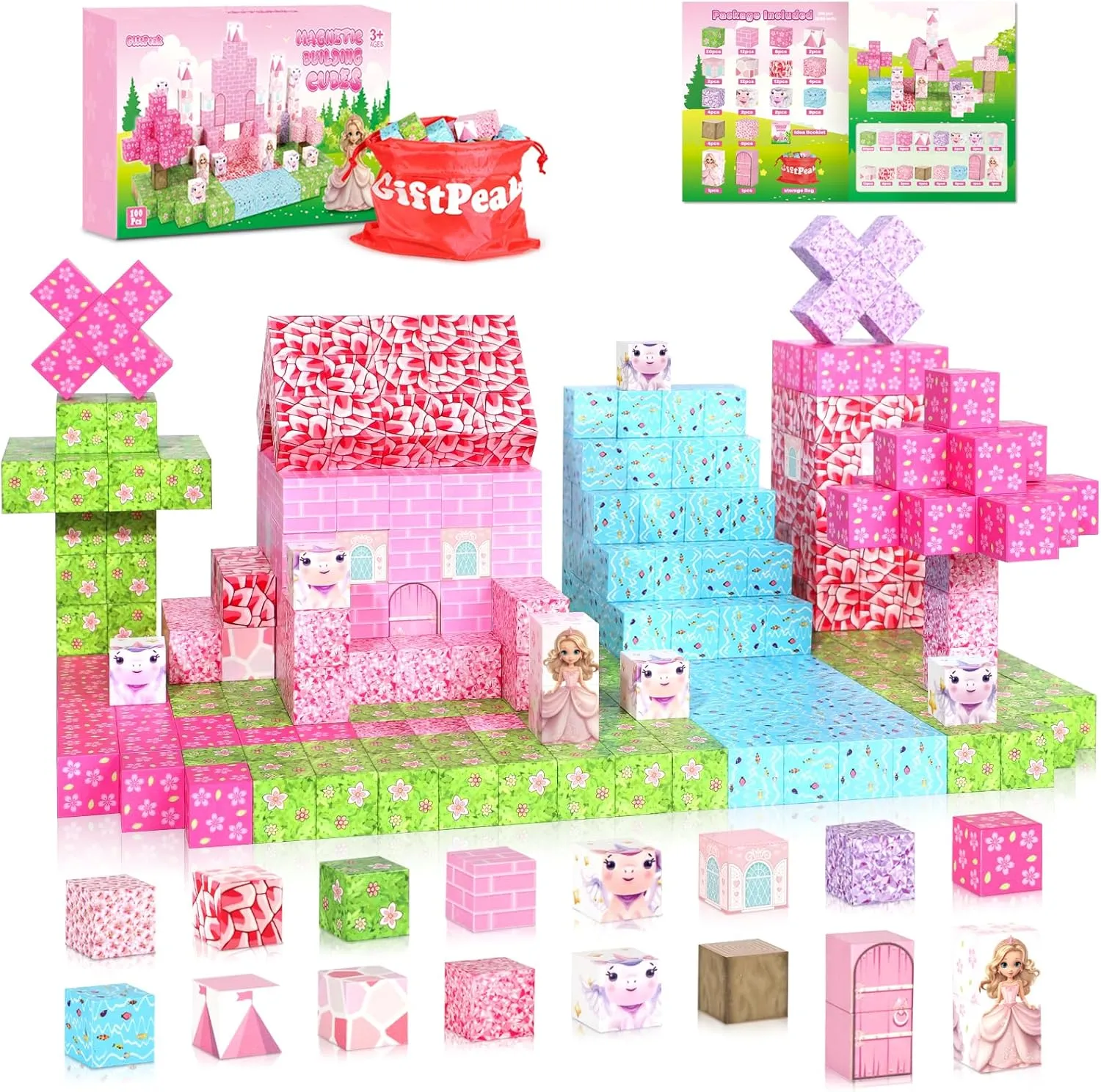 Magnetic Blocks - 100PCS Magnetic Blocks Princess Toys, Unicorn Building Cubes, STEM Montessori Sensory Education Toys for Christmas Birthday Gift Boys & Girls, for Kids Ages 3 