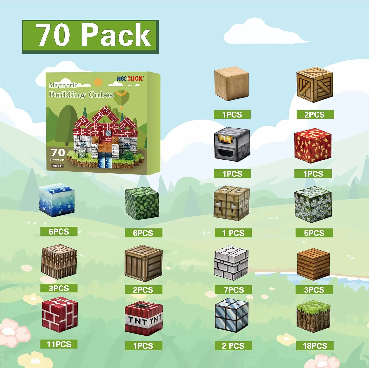 Magnetic Blocks - 70PCS Build Mine Magnet World Set, Educational Magnetic Tiles Building Toys for Boys & Girls, STEM Sensory Toys for Toddlers Kids Age 3 , Start Set