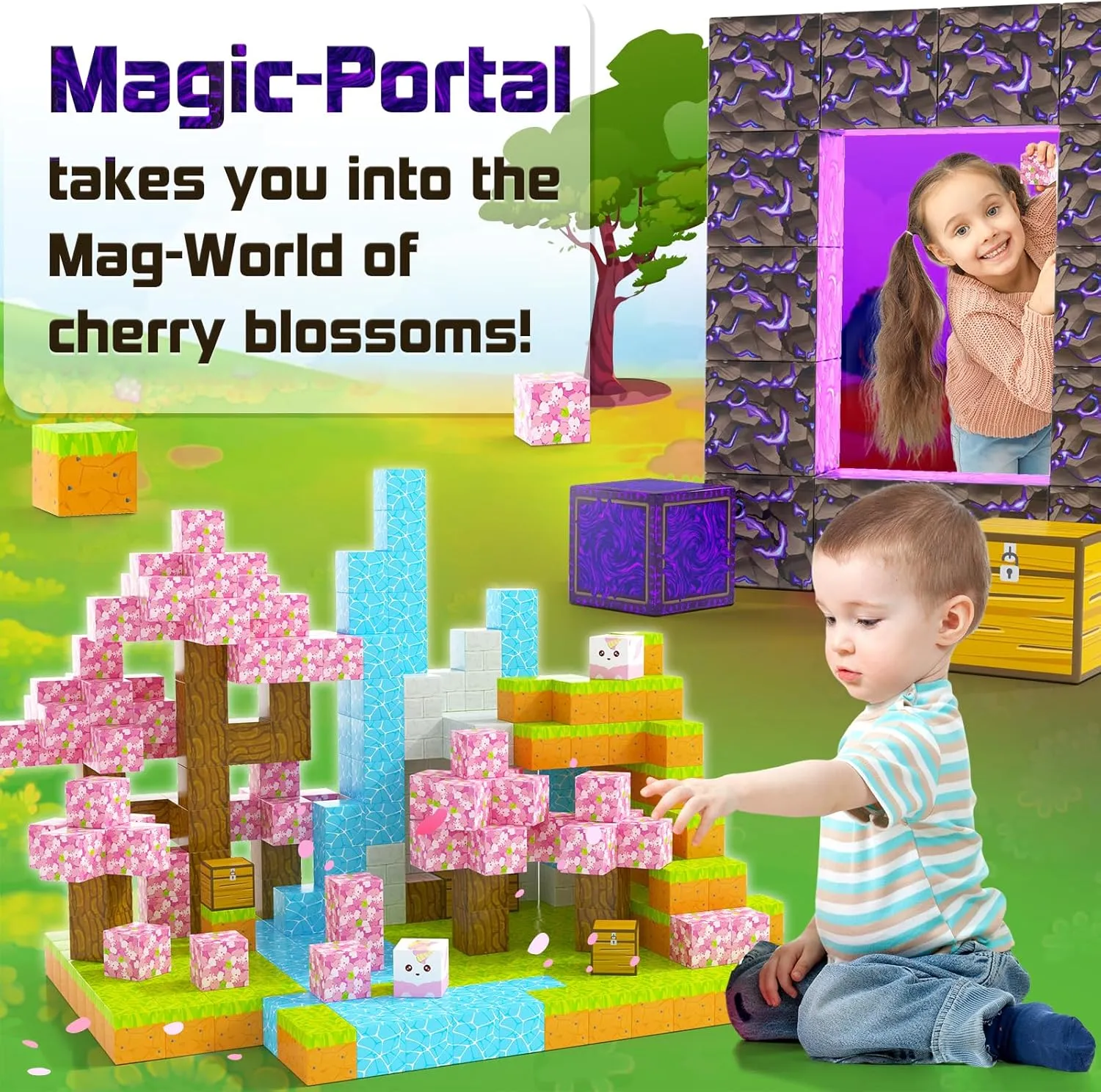 Magnetic Blocks - Build Mine Magnet World Cherry Blossom Set, Magnetic Tiles Building STEM Toys for Boys & Girl Kids Toddler Toys for 3  Years Old