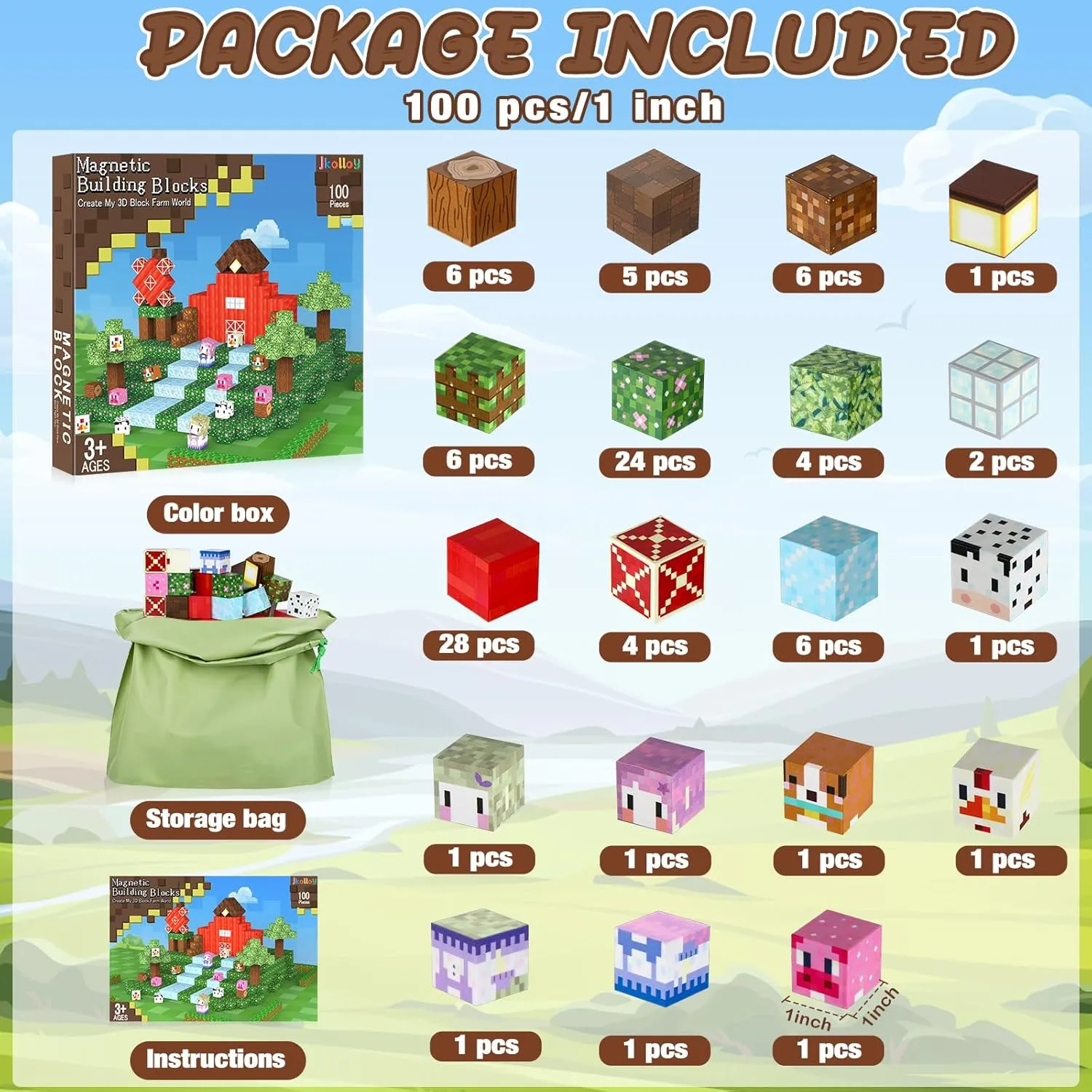 Magnetic Blocks Build My Magnet Farm World, 100 PCS Magnet Building Blocks 3D Building Toys, STEAM Christmas Birthday Gifts Magnets Cubes Creative Kids Games for 3 