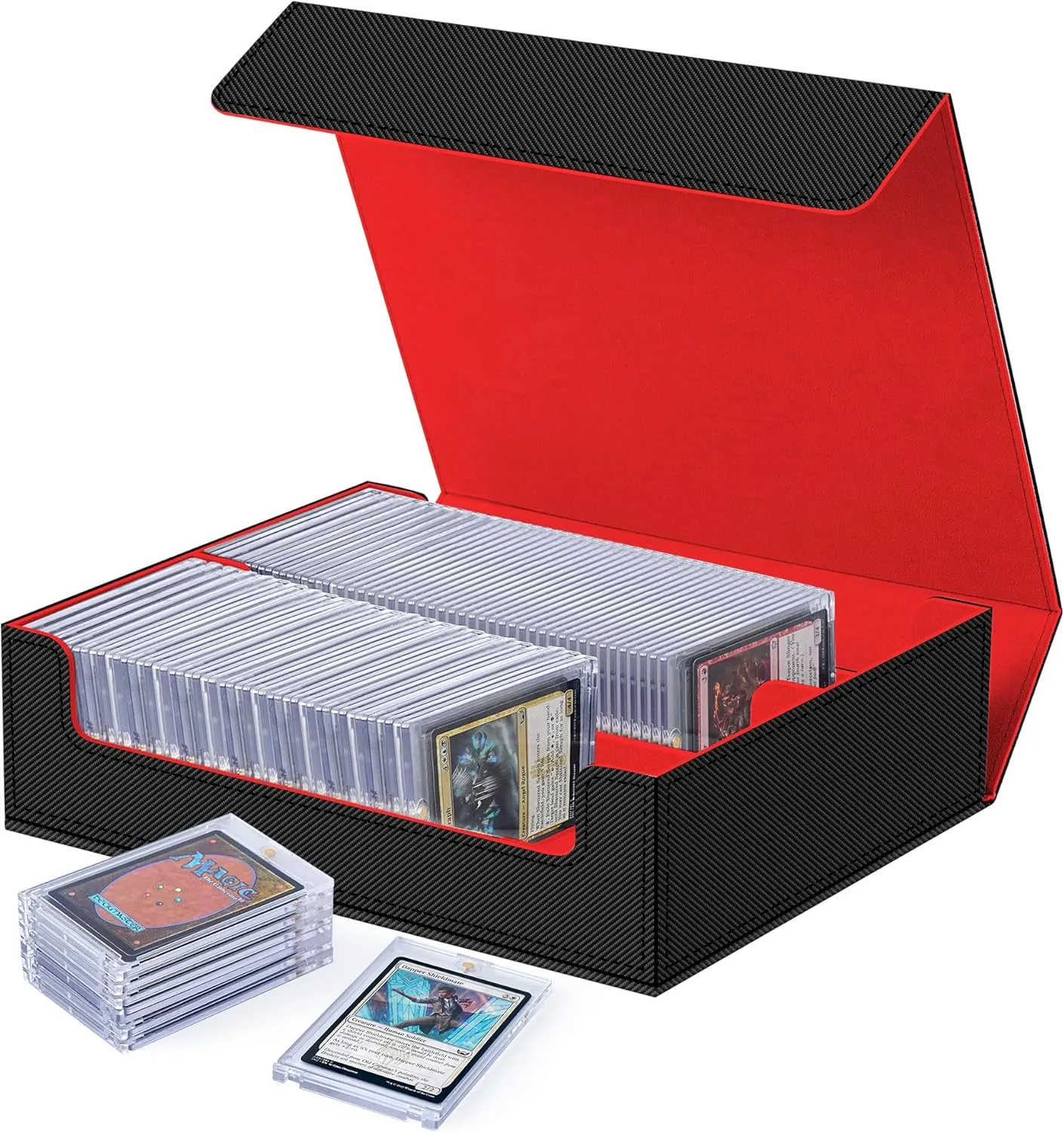 Magnetic Card Holder Box - Trading Card Storage for Magic the Gathering PKM, Card Protection for CCG TCG PTCG MTG Collectors with 2 PCS EVA Foam Divider, Black and Red