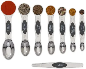 Magnetic Metal Measuring Spoons Set Stainless Steel Etched Stackable Teaspoons Tablespoons Dual Sided Measure Spoon set of 8 for Measuring Dry and Liquid Ingredients (Black)