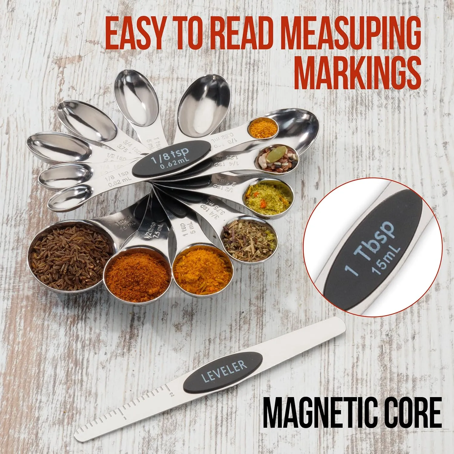 Magnetic Metal Measuring Spoons Set Stainless Steel Etched Stackable Teaspoons Tablespoons Dual Sided Measure Spoon set of 8 for Measuring Dry and Liquid Ingredients (Black)