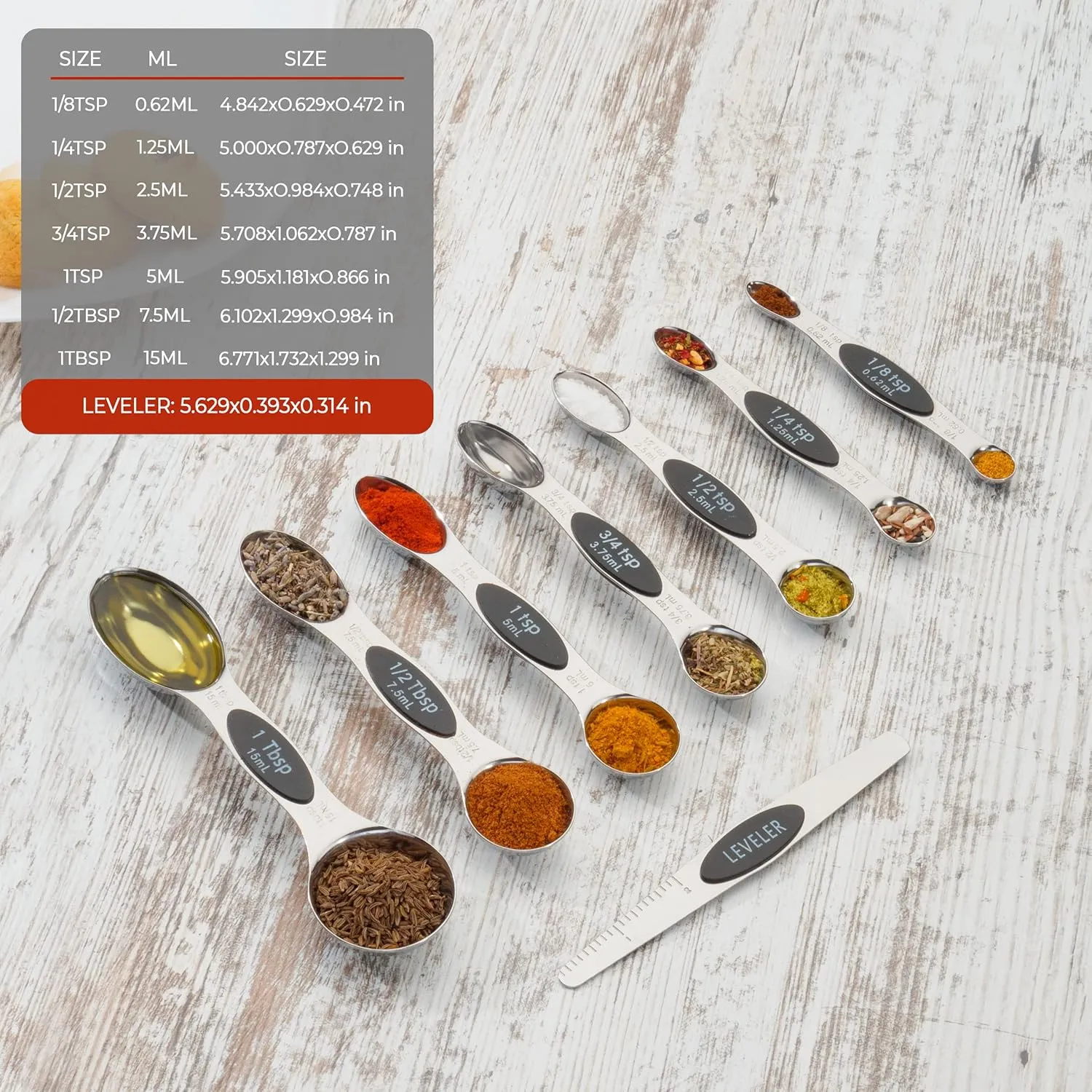 Magnetic Metal Measuring Spoons Set Stainless Steel Etched Stackable Teaspoons Tablespoons Dual Sided Measure Spoon set of 8 for Measuring Dry and Liquid Ingredients (Black)