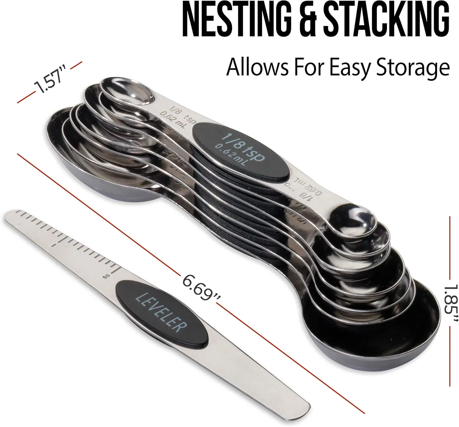 Magnetic Metal Measuring Spoons Set Stainless Steel Etched Stackable Teaspoons Tablespoons Dual Sided Measure Spoon set of 8 for Measuring Dry and Liquid Ingredients (Black)