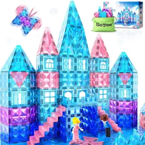Magnetic Tiles 102pcs with 2 Stairs 2 Dolls Princess Castle Building Girls Toys Age 4-5 6-8 Magnetic Blocks Birthday Xmas Gifts for Girls Toys for 3 4 5 6 7 8  Year Old