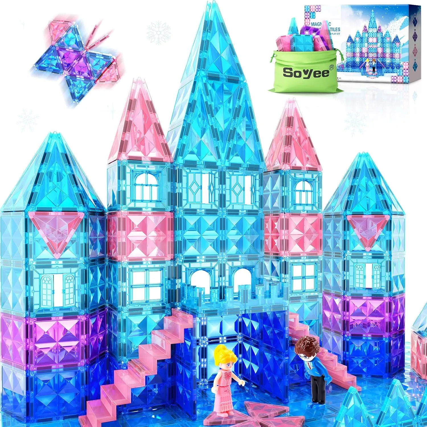 Magnetic Tiles 102pcs with 2 Stairs 2 Dolls Princess Castle Building Girls Toys Age 4-5 6-8 Magnetic Blocks Birthday Xmas Gifts for Girls Toys for 3 4 5 6 7 8  Year Old