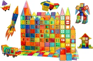 Magnetic Tiles 136 PCS with 2 Cars and 8 Extra Alphabets – STEM Building Blocks for Kids, Educational Gift for Boys & Girls