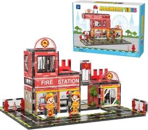 Magnetic Tiles, 50PCS Fire Station Theme Building Blocks Set, Magnet Building Blocks and STEM Preschool Toys for Toddlers Kids Ages 3-5 5-7 8-10