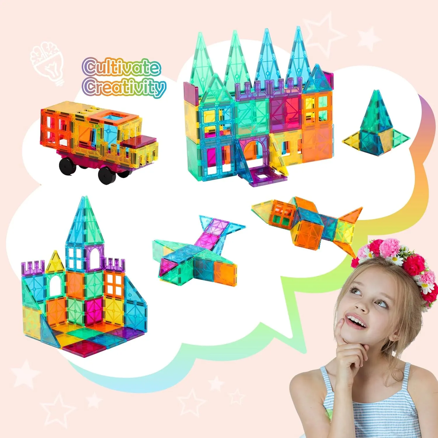 Magnetic Tiles Car Set Truck Kit Toy with Stronger Magnets, Educational Magnet Cars with Re-Enforced Hitch and Long Bed for Girls Boys Toddler Ages 3  (96 PCS Set)