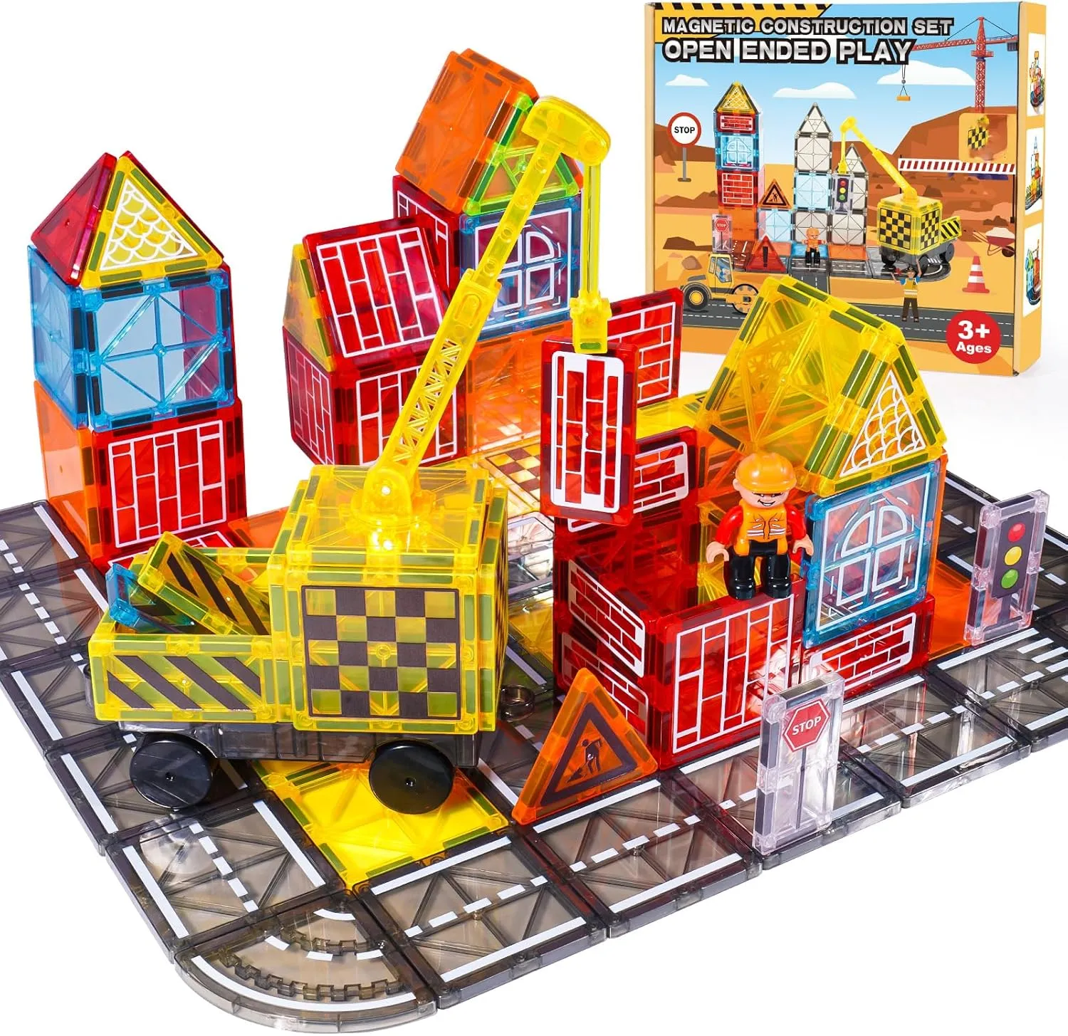 Magnetic Tiles Kids Construction Toys - Road Set with Magnet Crane for Boys Age 3-5 4-8 8-10, Magnet Building Blocks Expansion Pack, Outdoor Toddler Activities Preschool Classroom Learning Toys Gift
