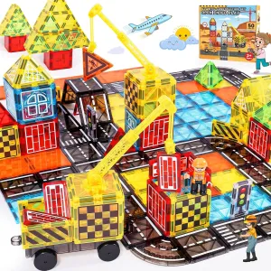 Magnetic Tiles Kids Construction Toys - Road Set with Magnet Crane for Boys Age 3-5 4-8 8-10, Magnet Building Blocks Expansion Pack Toy Car Track Train Set, Road, Dolls, Traffic Lights and Stations