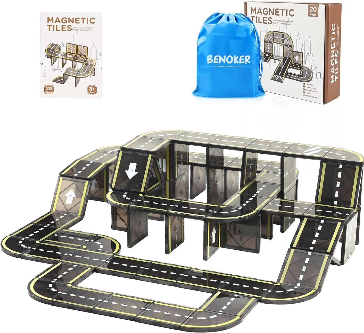 Magnetic Tiles Road Set, STEM Magnet Building Blocks for Toddler Kids, Montessori Educational Toy Gifts for 3  Year Old Boys & Girls