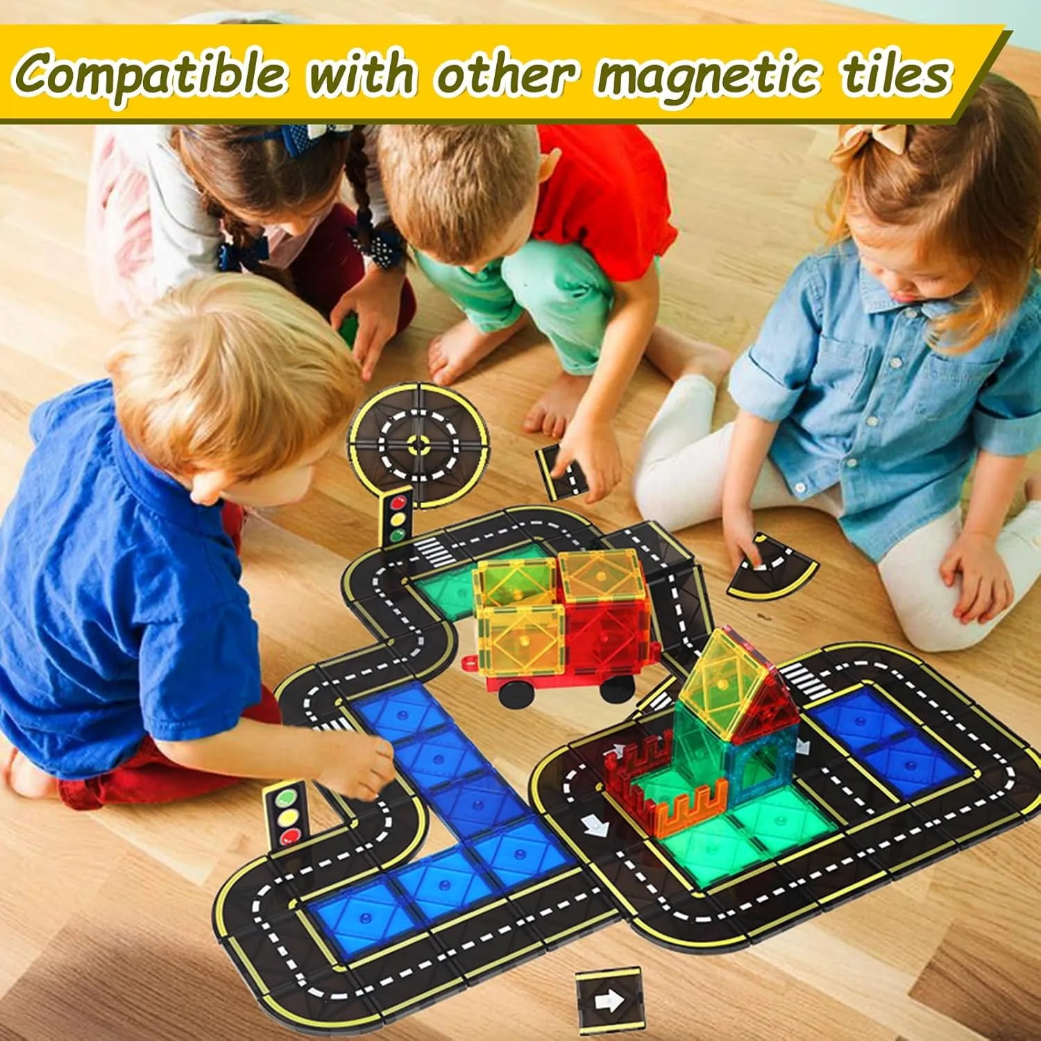 Magnetic Tiles Road Set, STEM Magnet Building Blocks for Toddler Kids, Montessori Educational Toy Gifts for 3  Year Old Boys & Girls