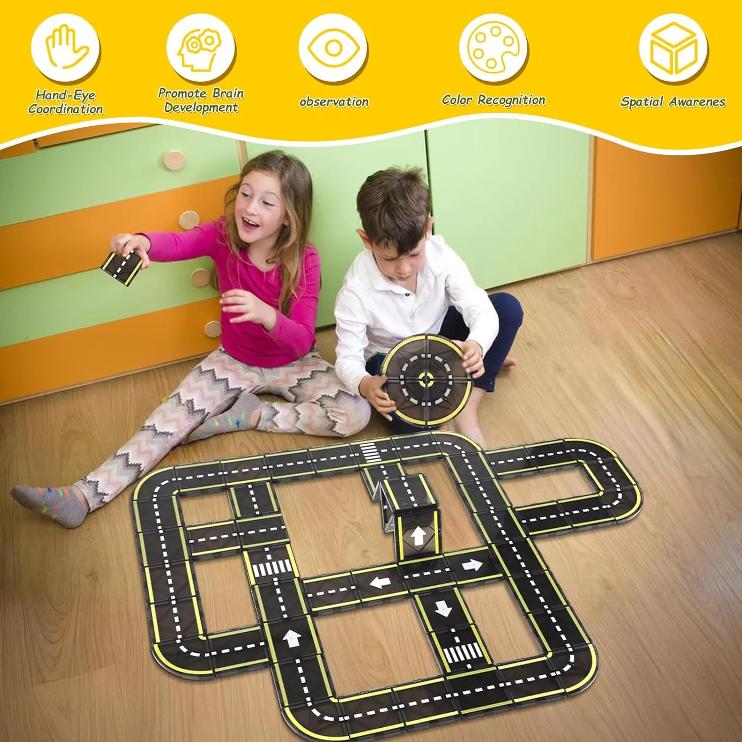 Magnetic Tiles Road Set, STEM Magnet Building Blocks for Toddler Kids, Montessori Educational Toy Gifts for 3  Year Old Boys & Girls