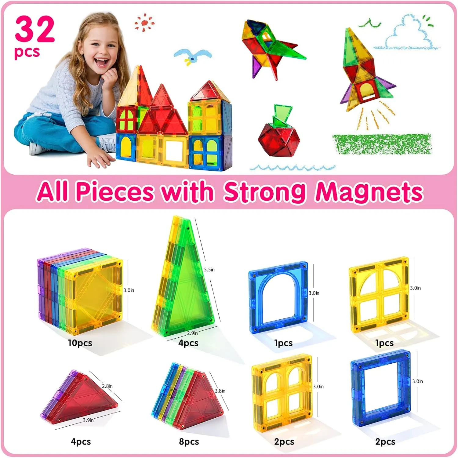 Magnetic Tiles Toys for Kids Preschool Learning, Magnetic Blocks Sensory Montessori Toys Set All Pieces with Magnets, Ideal STEM Educational Construction Gifts for 3  Year Old Boys and Girls 32PCS