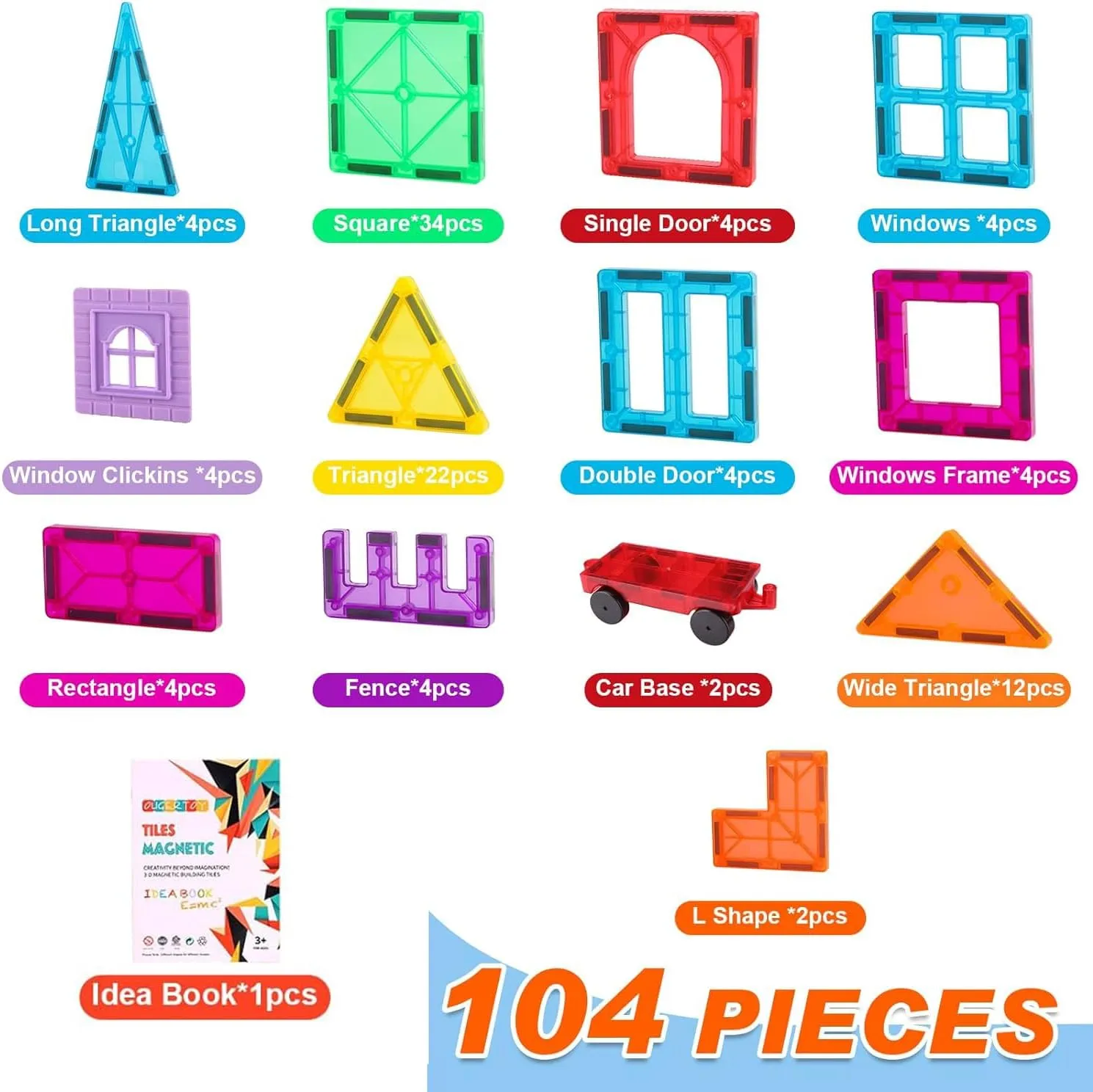 Magnetic Tiles,104PCS Magnetic Building Tiles for Kids, Educational Magnetic Stacking Blocks, Magnets Construction Toys, Christmas Toy Gift for Toddlers,Kids Boys and Girls 3 4 5 6 7 8 9 Year