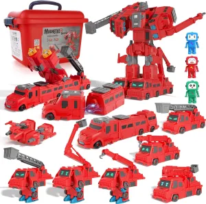 Magnetic Transform Firefighter Truck Toys, Robot Assembled Toys Set for Kids 3-5, Magnetic Fire Truck Toy Sets with Storage Box, Birthday Chiristmas Gifts for Boys 4-8