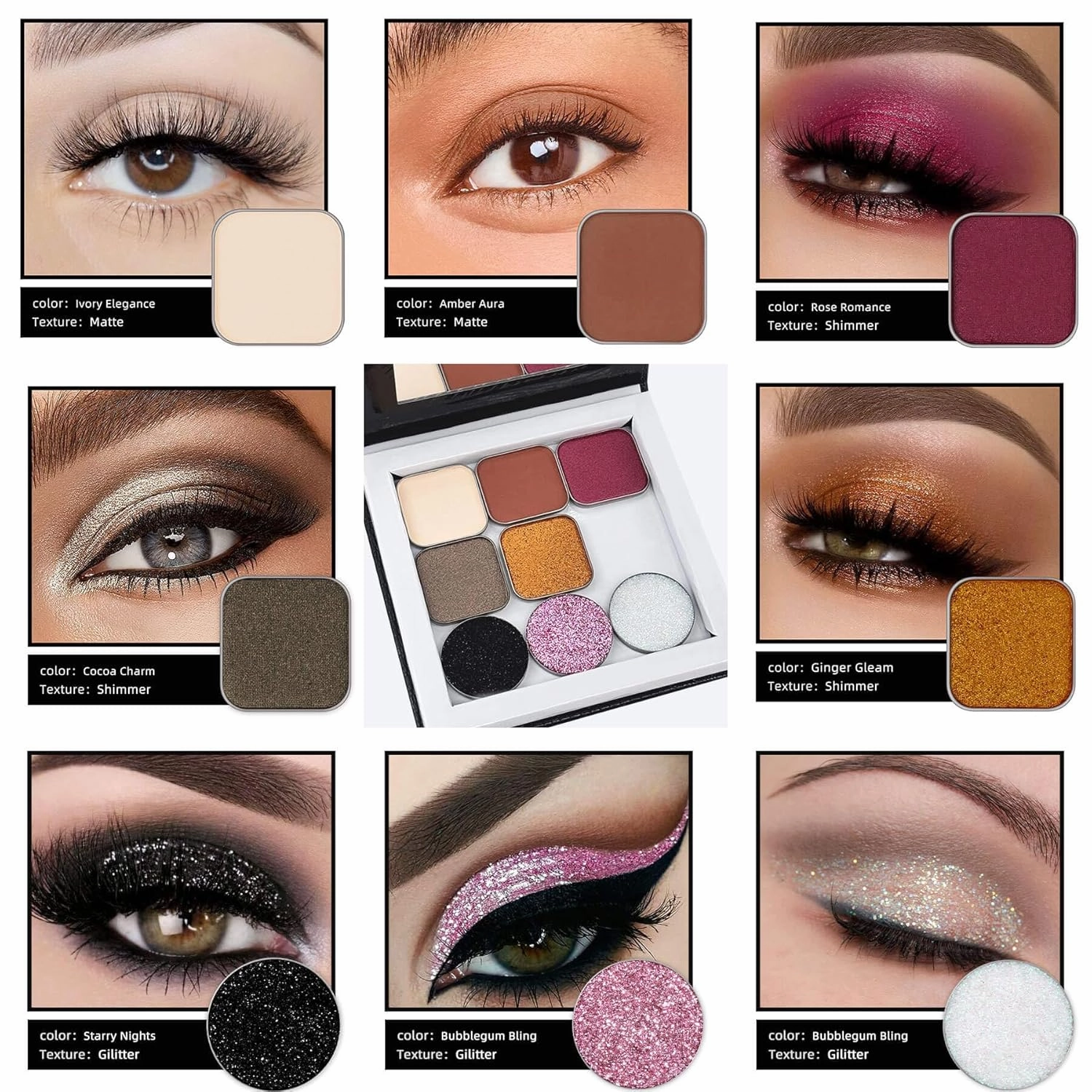 Magnetic 8-Color Mini Eyeshadow Palette with Black Magnetic Case, 10 Round & 10 Square Magnetic Metal Stickers, and Short Color Mixing Stick