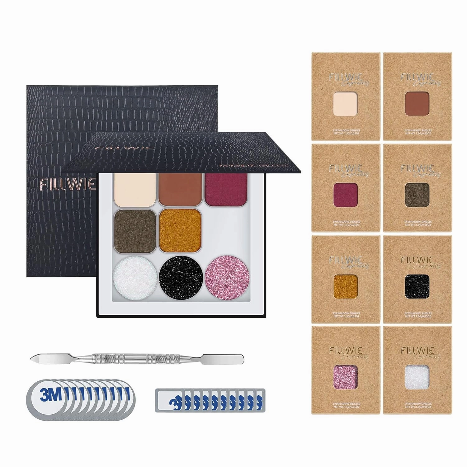 Magnetic 8-Color Mini Eyeshadow Palette with Black Magnetic Case, 10 Round & 10 Square Magnetic Metal Stickers, and Short Color Mixing Stick