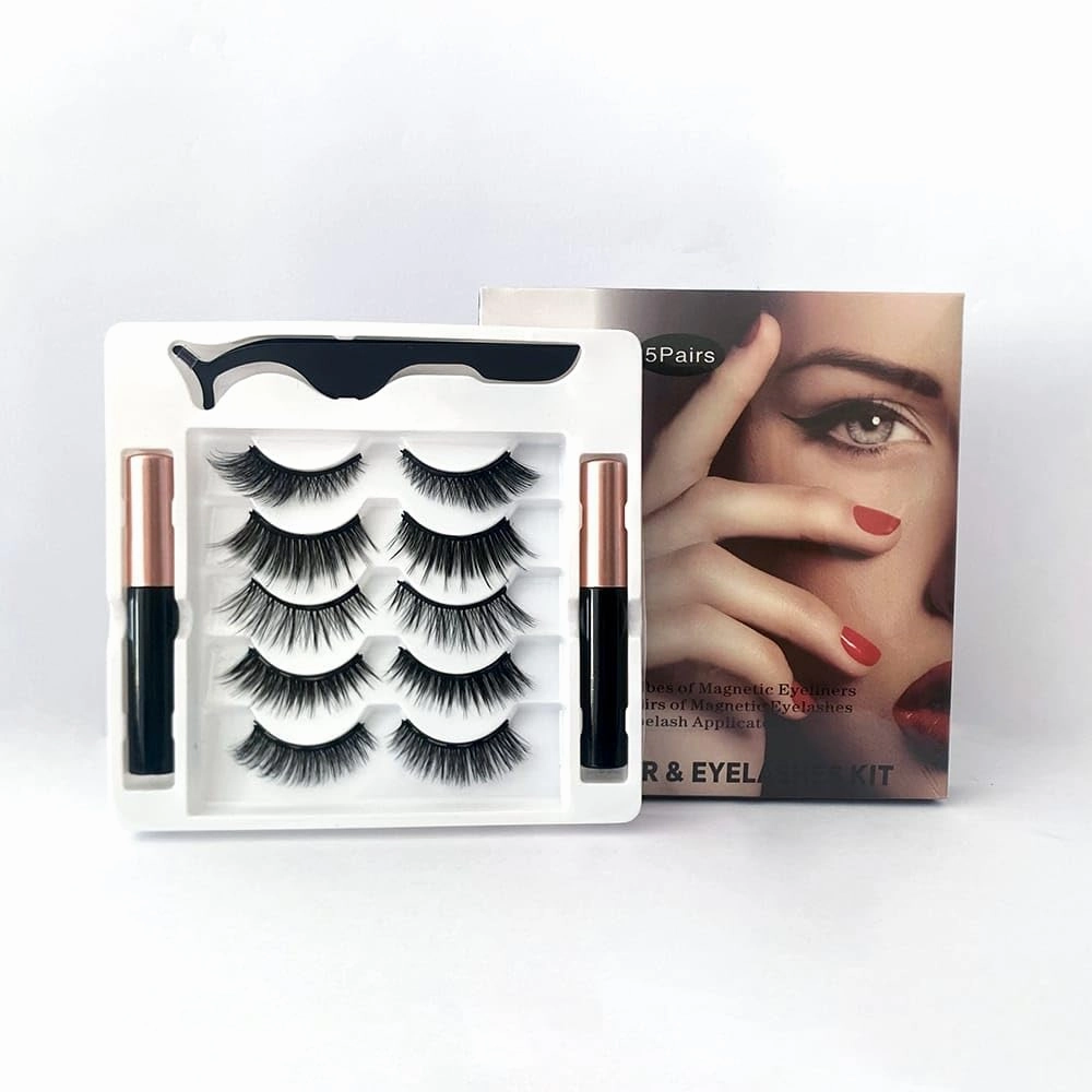 Magnetic False Eyelashes Kit, 5 Pairs with 2 Magnetic Eyeliners, Lash Applicator, Black