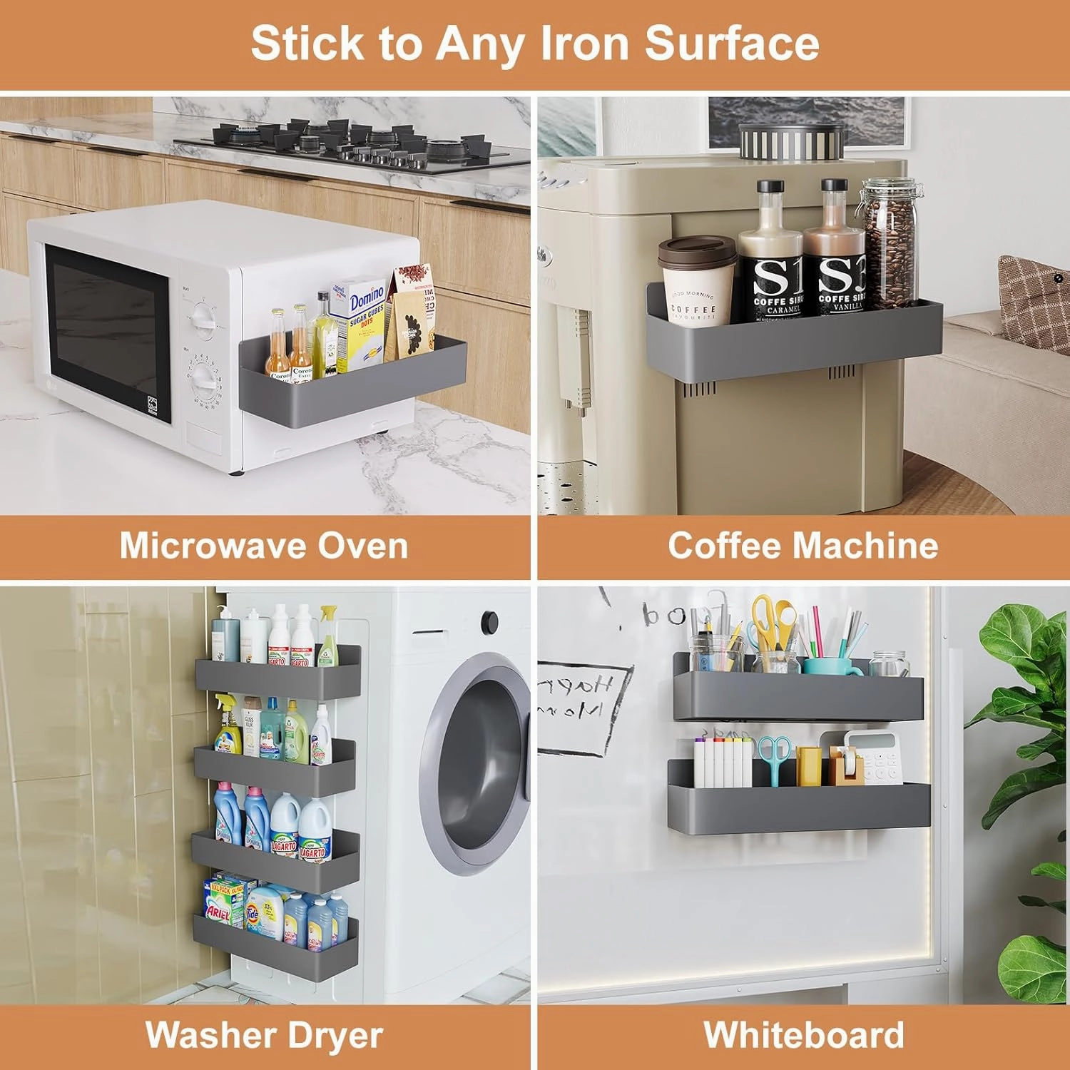 Magnetic Spice Rack for Refrigerator, Kitchen Organizer and Storage Shelf, Grey (4 Pack)…