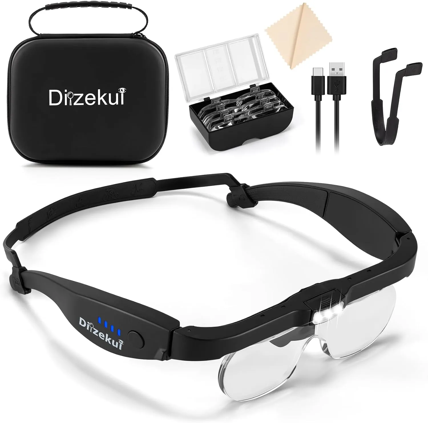 Magnifying Glass with Light 1.5X to 5.0X, Rechargeable Magnifying Glasses Head Magnifier, Lighted Magnify Glass with Carry Case, 4 Lenses, Magnifier Headset for Close Work Crafts Jewelry