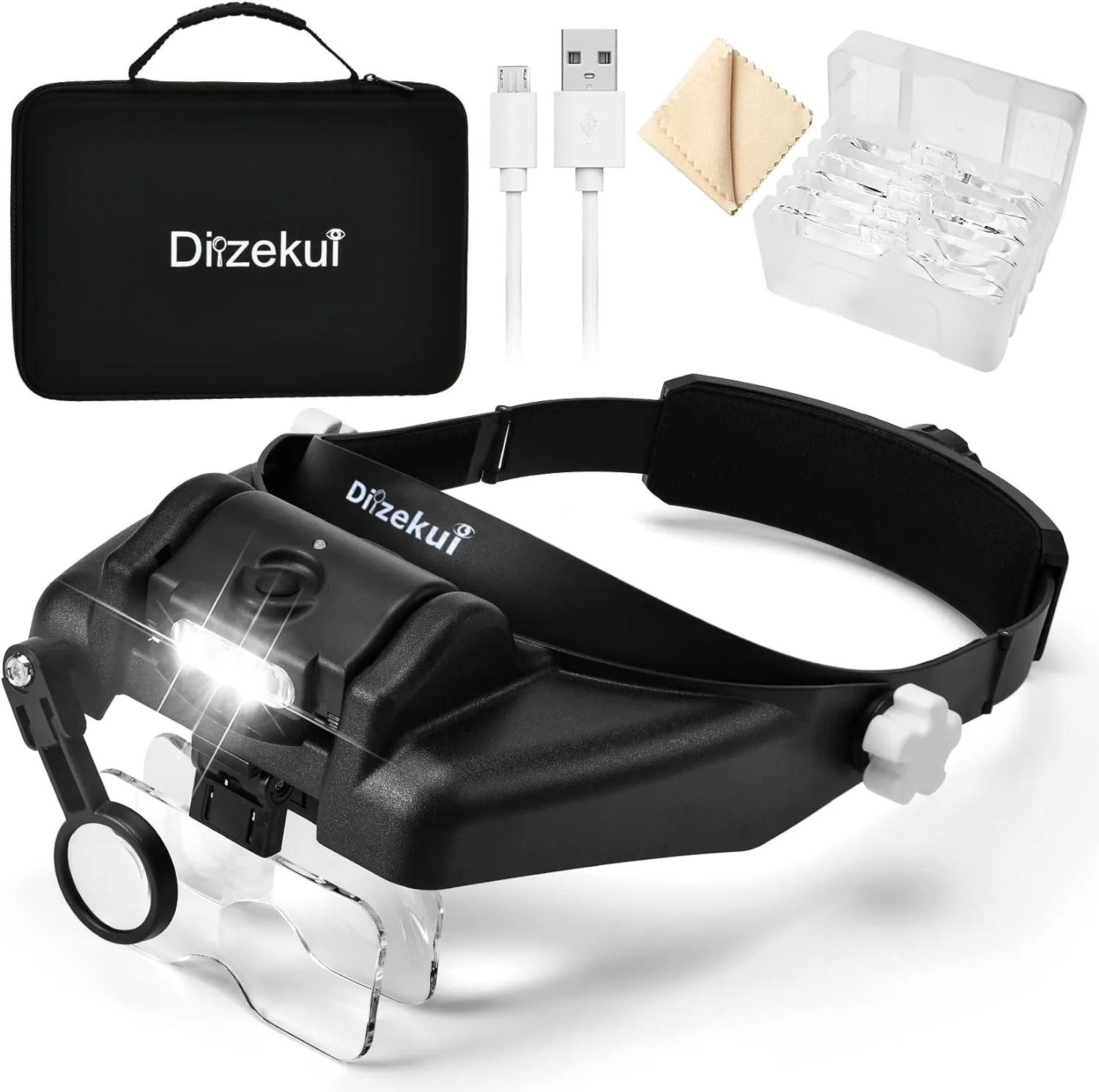 Magnifying Glass with Light 1X to 14X, Rechargeable Magnifying Glasses, Head Mount Manifying Glass, Headset Magnifier with Detachable Lens, Headband Magnifier for Close Work Jewelers Crafts