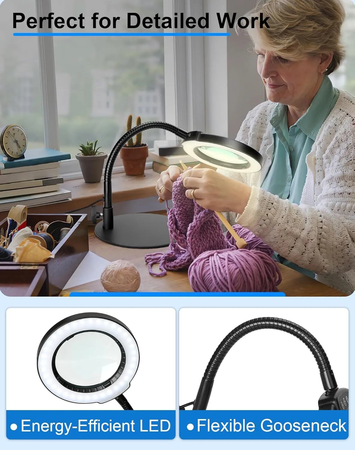 Magnifying Glass with Light and Stand, Hands Free Magnifying Lamp, 5 Color Modes 10 Dimmable Brightness, Metal Base Desk Magnifier Lamp for DIY Craft Reading Painting Sewing Hobby Detail Work