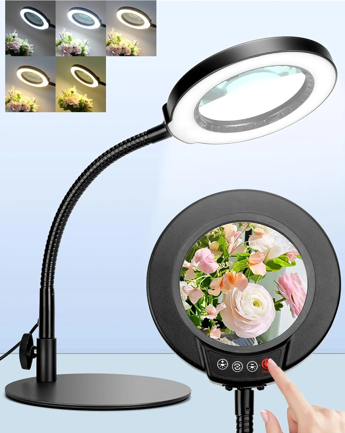Magnifying Glass with Light and Stand, Hands Free Magnifying Lamp, 5 Color Modes 10 Dimmable Brightness, Metal Base Desk Magnifier Lamp for DIY Craft Reading Painting Sewing Hobby Detail Work