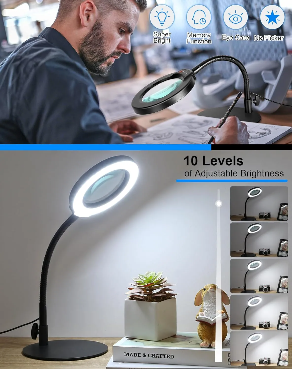 Magnifying Glass with Light and Stand, Hands Free Magnifying Lamp, 5 Color Modes 10 Dimmable Brightness, Metal Base Desk Magnifier Lamp for DIY Craft Reading Painting Sewing Hobby Detail Work