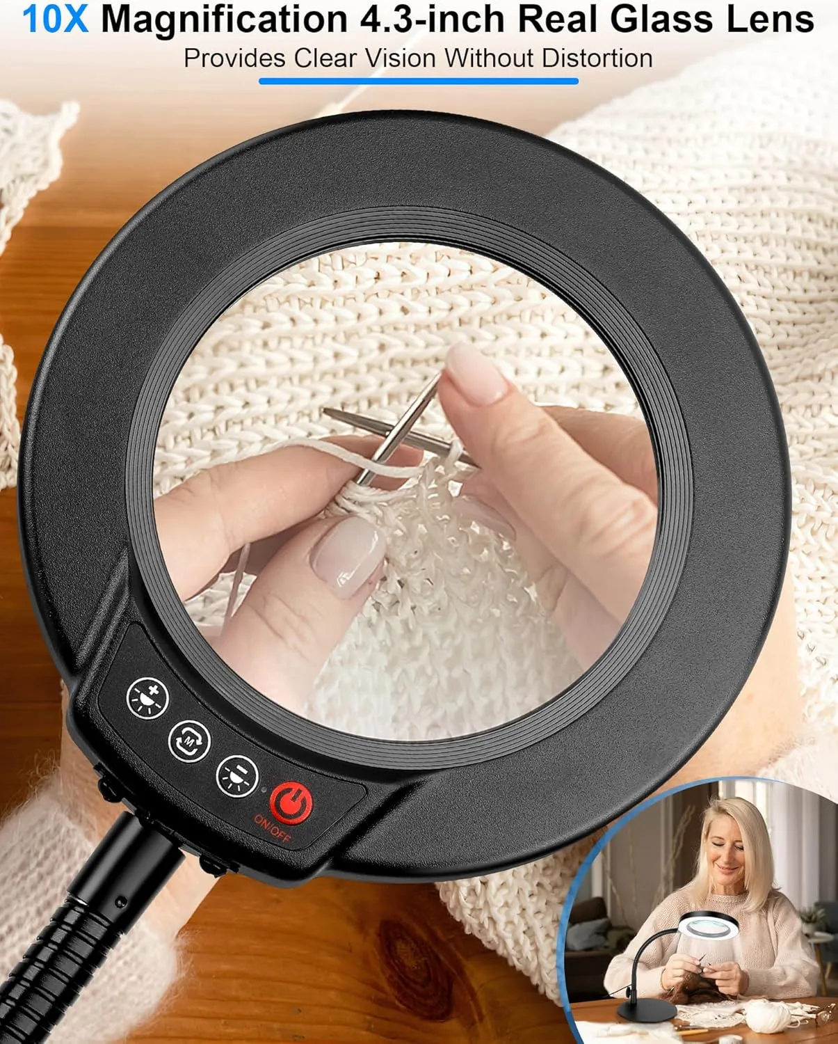 Magnifying Glass with Light and Stand, Hands Free Magnifying Lamp, 5 Color Modes 10 Dimmable Brightness, Metal Base Desk Magnifier Lamp for DIY Craft Reading Painting Sewing Hobby Detail Work
