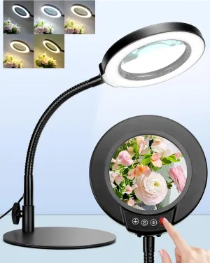 Magnifying Glass with Light and Stand, Hands Free Magnifying Lamp, 5 Color Modes 10 Dimmable Brightness, Metal Base Desk Magnifier Lamp for DIY Craft Reading Painting Sewing Hobby Detail Work