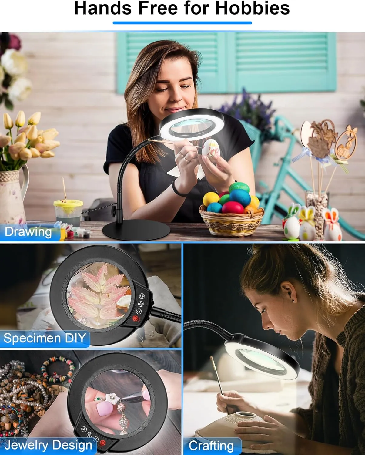 Magnifying Glass with Light and Stand, Hands Free Magnifying Lamp, 5 Color Modes 10 Dimmable Brightness, Metal Base Desk Magnifier Lamp for DIY Craft Reading Painting Sewing Hobby Detail Work
