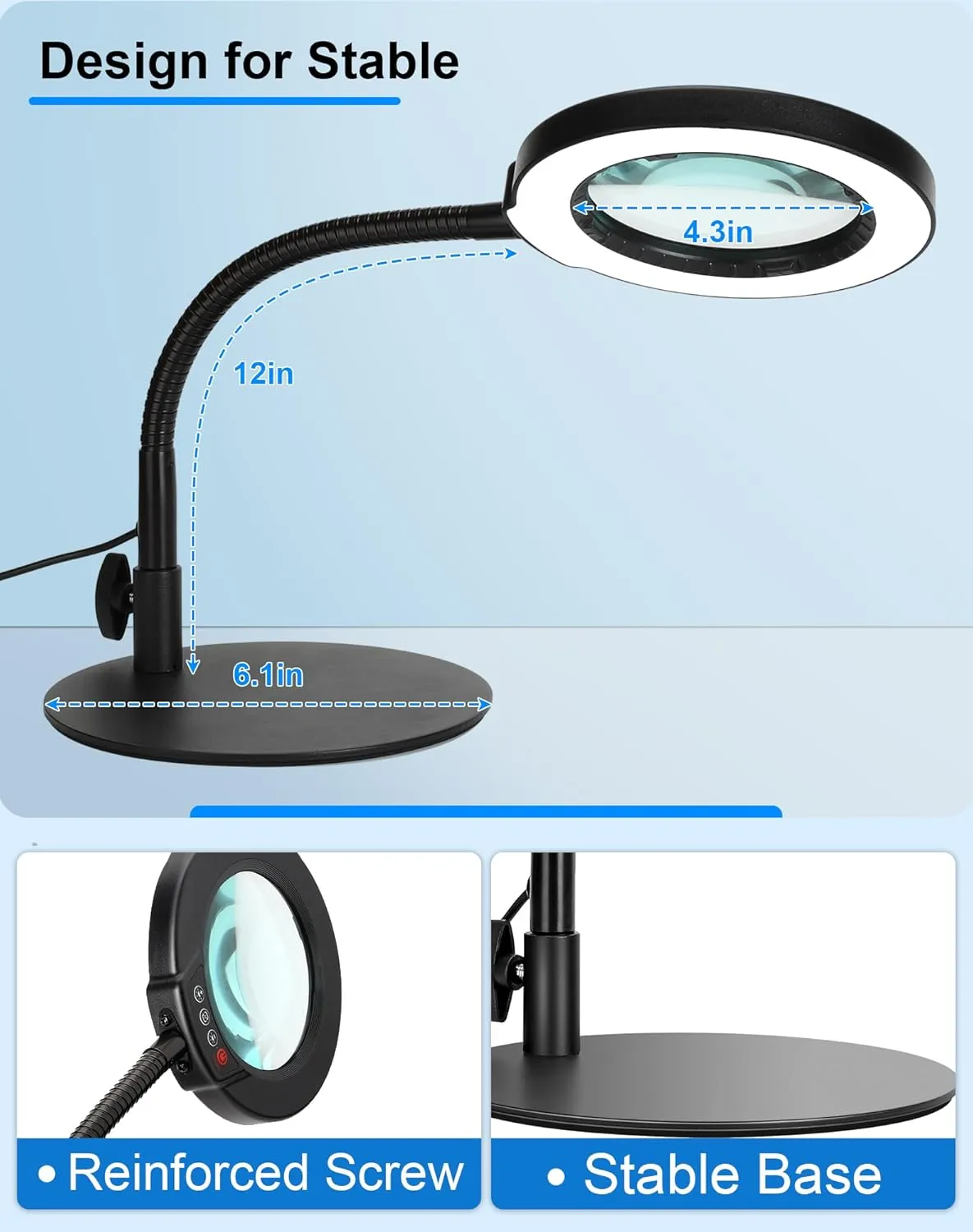 Magnifying Glass with Light and Stand, Hands Free Magnifying Lamp, 5 Color Modes 10 Dimmable Brightness, Metal Base Desk Magnifier Lamp for DIY Craft Reading Painting Sewing Hobby Detail Work
