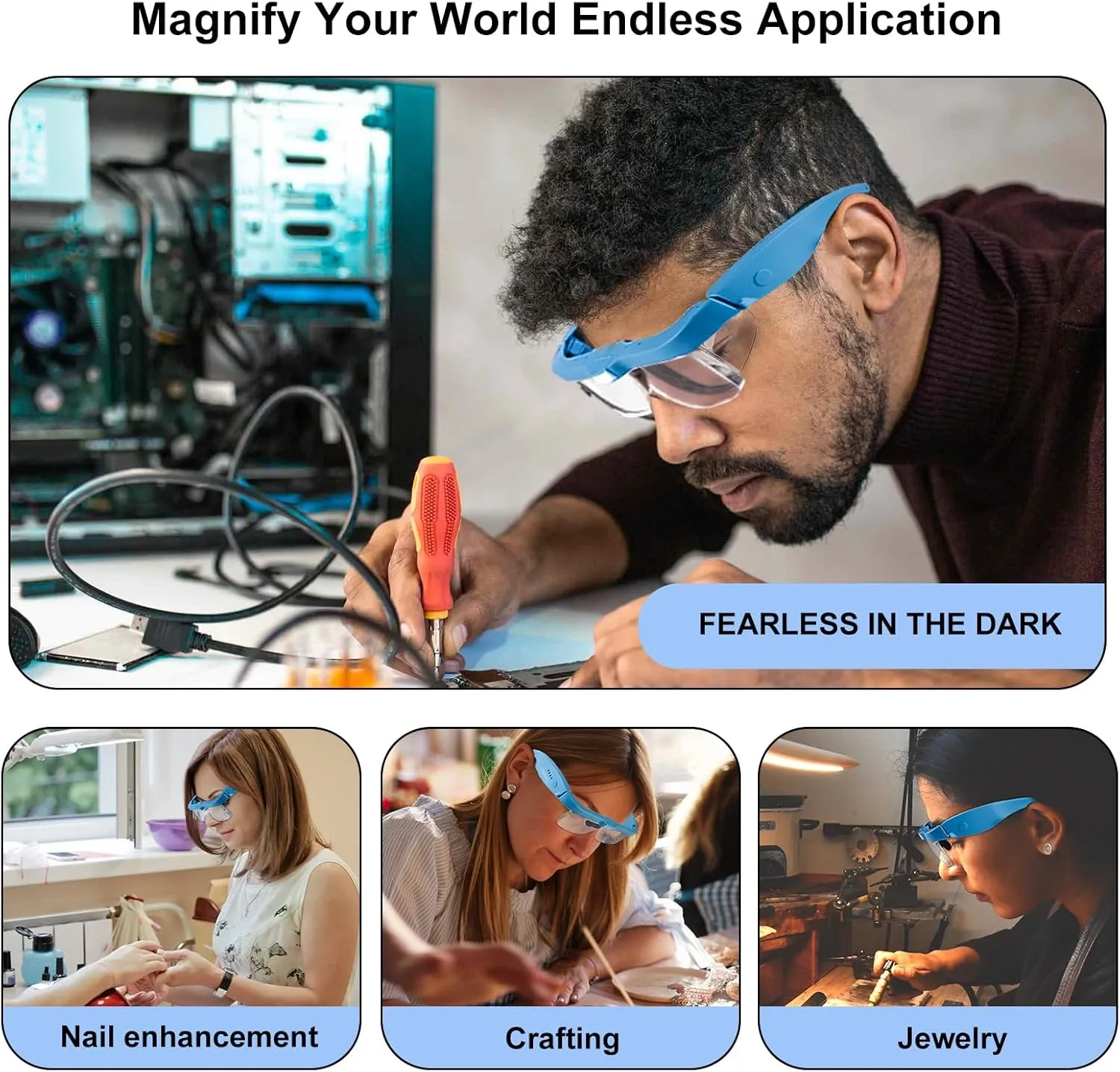 Magnifying Glass with Light Hands Free, Rechargeable Magnifying Glasses Headset with 5 Detachable Lenses Magnifier for Close Work, Reading, Jewelry Making Crafts (Blue)