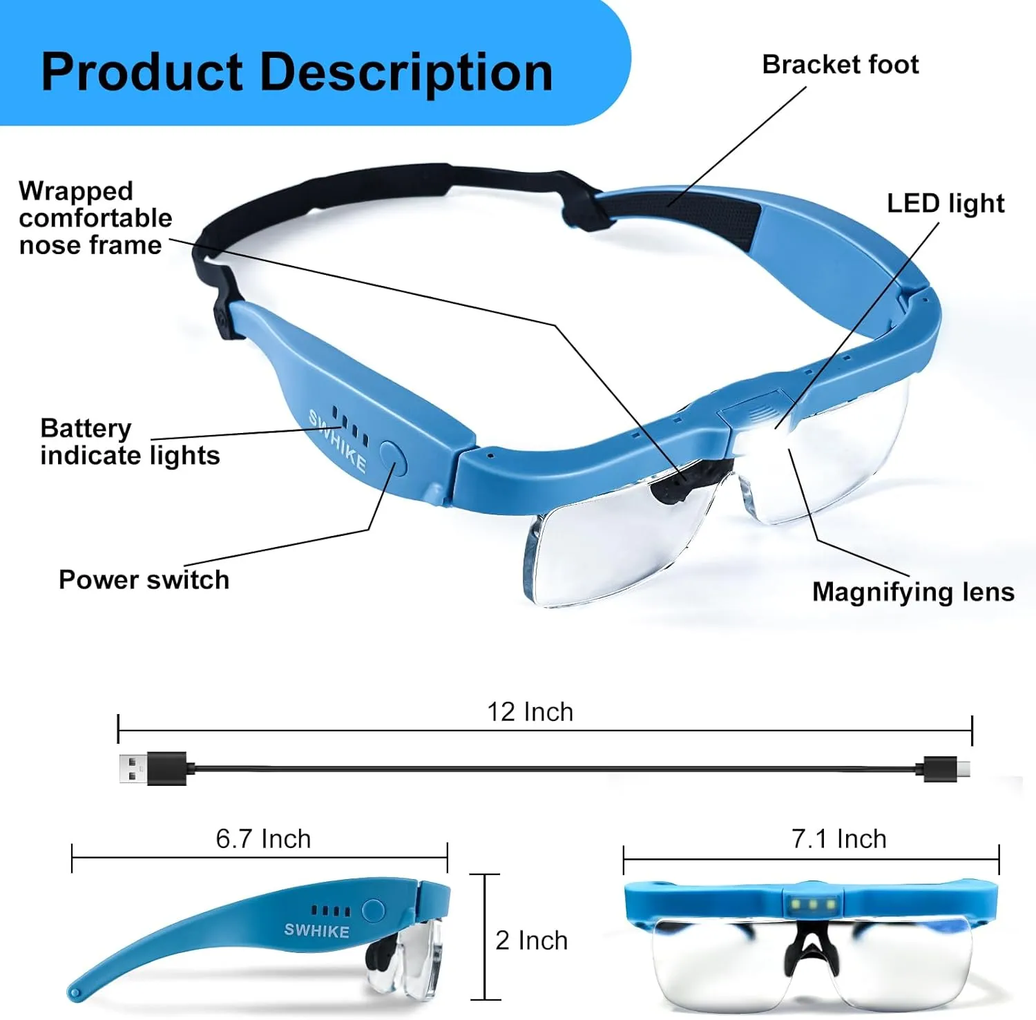 Magnifying Glass with Light Hands Free, Rechargeable Magnifying Glasses Headset with 5 Detachable Lenses Magnifier for Close Work, Reading, Jewelry Making Crafts (Blue)