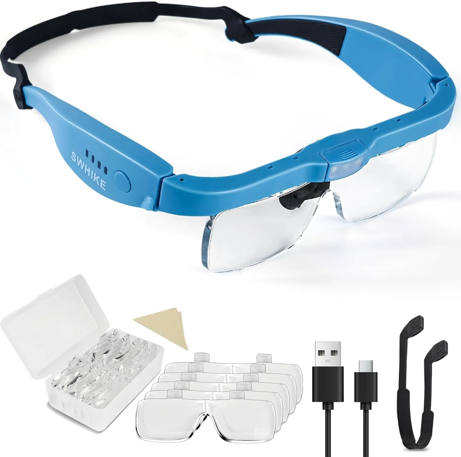 Magnifying Glass with Light Hands Free, Rechargeable Magnifying Glasses Headset with 5 Detachable Lenses Magnifier for Close Work, Reading, Jewelry Making Crafts (Blue)